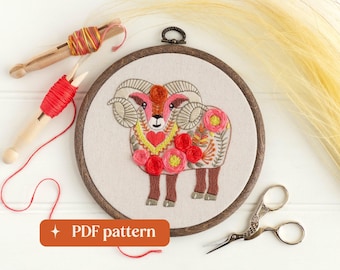 Aries the ram hand embroidery pattern, Folk-inspired zodiac design, DIY 6-inch hoop art (PDF download)