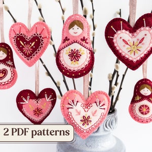 Felt hearts and Matryoshka dolls pattern bundle, DIY felt garland, Valentine’s ornaments, Folk art heart, Felt doll, PDF embroidery pattern