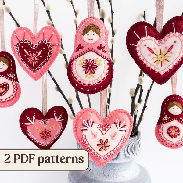 Lot de motifs coeurs en feutre et poupées Matriochka, guirlande en feutre DIY, décorations de la Saint-Valentin, coeur d'art populaire, poupée en feutre, motif de broderie PDF