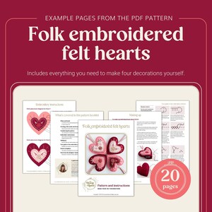 Preview showing example pages from the folk embroidered felt hearts pattern in this listing. The PDF download includes step-by-step instructions, diagrams and photos. The file is 20 pages.