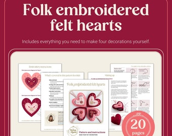 Embroidered Felt Hearts PDF Pattern, DIY Heart Ornaments