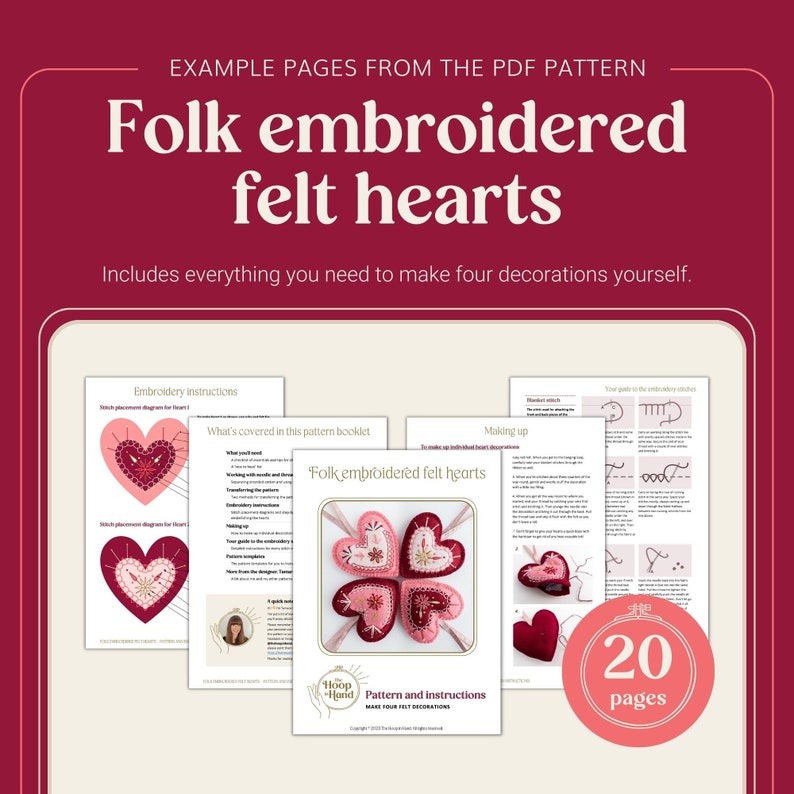 Preview showing example pages from the folk embroidered felt hearts pattern in this listing. The PDF download includes step-by-step instructions, diagrams and photos. The file is 20 pages.