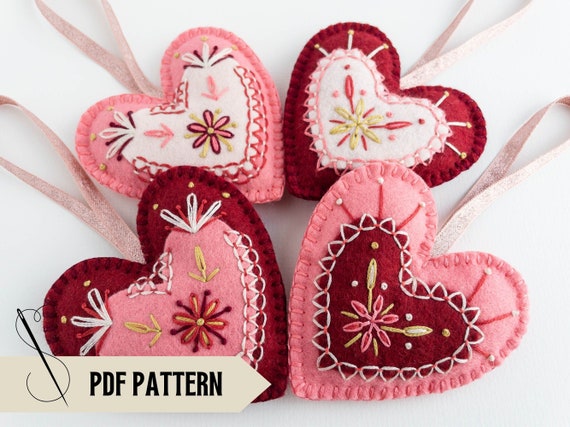 Embroidered Felt Hearts PDF Pattern, DIY Heart Ornaments