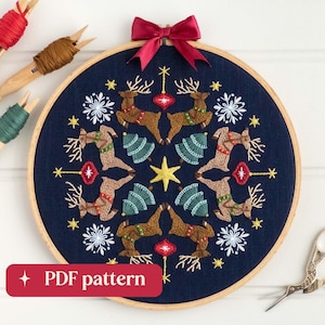 クリスマス万華鏡刺繍パターン、DIYホリデーデコレーション、9インチフープアート（PDFダウンロード）