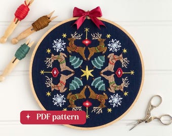 Christmas kaleidoscope embroidery pattern, DIY holiday décor, 9-inch hoop art (PDF Download)