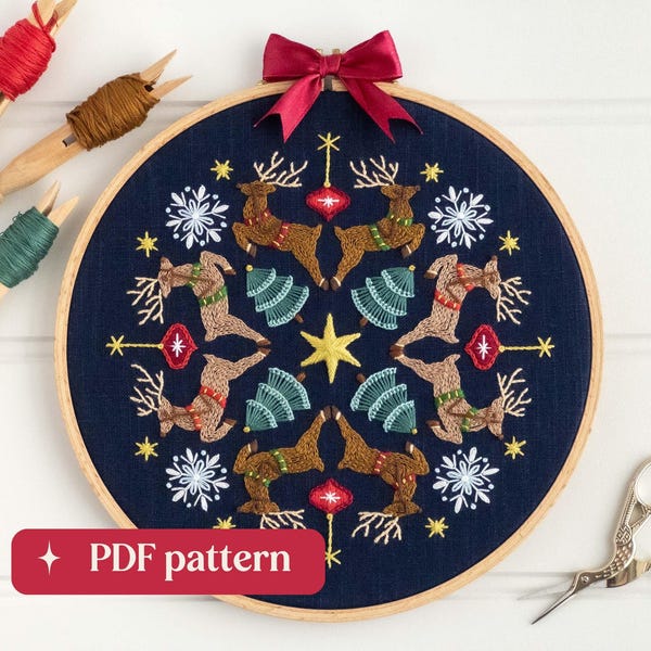Christmas kaleidoscope embroidery pattern, DIY holiday décor, 9-inch hoop art (PDF Download)