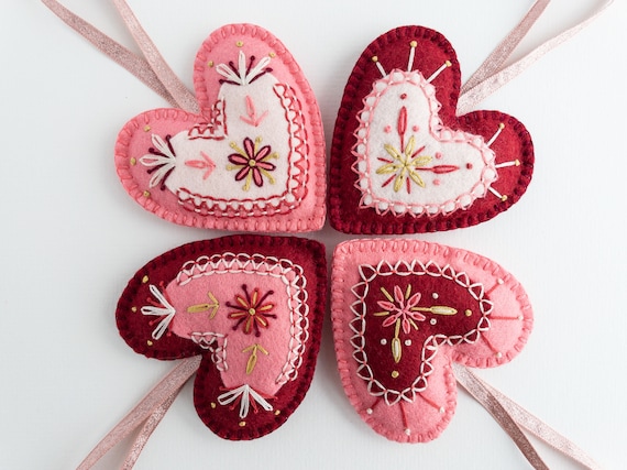 Embroidered Felt Hearts PDF Pattern, DIY Heart Ornaments