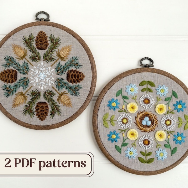 Winter and spring hand embroidery patterns, DIY winter and spring samplers, PDF pattern bundle, Seasonal wreath patterns by The Hoop in Hand