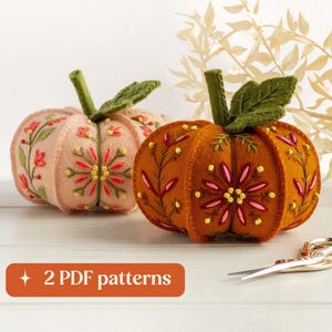 フェルト製カボチャの刺繍パターンセット、DIYウールフェルトオーナメントまたはピンクッション（PDFファイル2点ダウンロード）