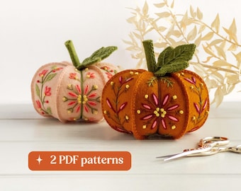 Felt pumpkins embroidery pattern bundle, DIY wool felt ornaments or pin cushions (2 PDF downloads)