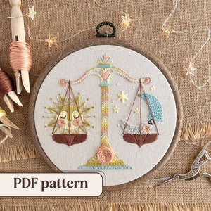 Libra hand embroidery PDF pattern, Star sign embroidery design, DIY birthday gift, Instant download