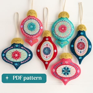 Felt Christmas baubles embroidery pattern, DIY holiday décor, Set of six hanging ornaments, Retro tree decorations, Printable PDF download