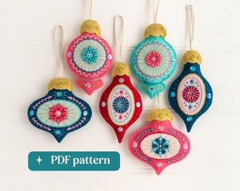 Felt Christmas baubles embroidery pattern, DIY holiday décor, Set of six hanging ornaments, Retro tree decorations, Printable PDF download