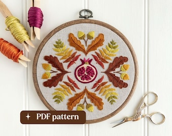 Autumn sampler hand embroidery pattern, Fall wreath design, DIY 6-inch hoop art (PDF download)