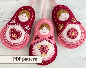 Felt Matryoshka dolls pattern, DIY Valentine’s ornaments, Folk art doll decoration, PDF sewing pattern, Hand embroidered wool felt doll