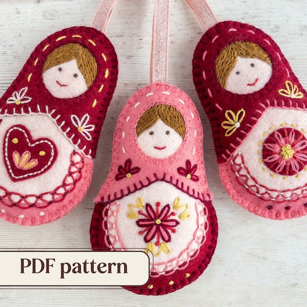 Felt Matryoshka dolls pattern, DIY Valentine’s ornaments, Folk art doll decoration, PDF sewing pattern, Hand embroidered wool felt doll