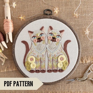 Gemini hand embroidery PDF pattern, Cute cat embroidery design, Zodiac-themed DIY birthday gift, Digital download