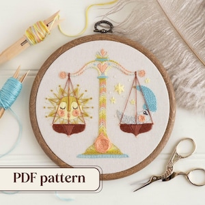 Libra the scales hand embroidery pattern, Zodiac design by The Hoop in Hand, 6-inch hoop art, DIY birthday gift, Instant download PDF
