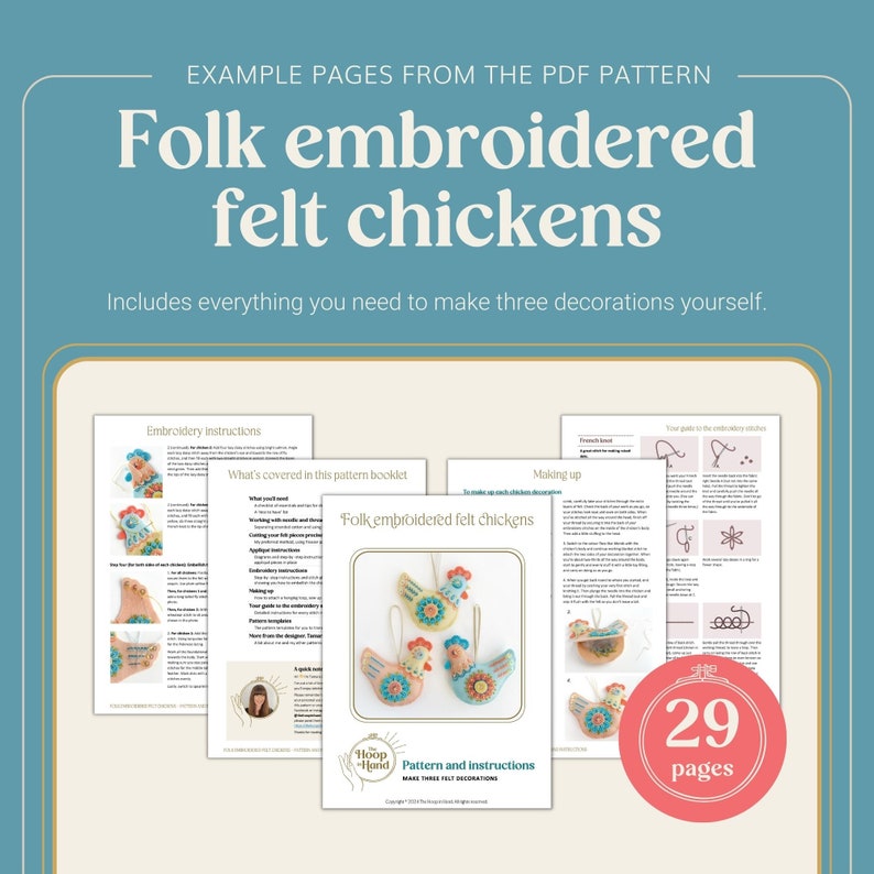 Embroidered felt chickens PDF pattern, DIY Easter ornaments set, Three folk hen decorations, Instant download hand embroidery pattern image 6