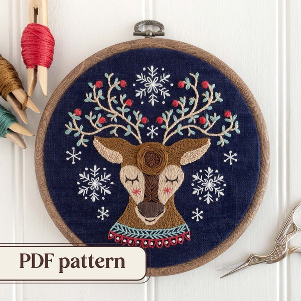 Christmas reindeer hand embroidery pattern, Sleepy reindeer embroidery design, PDF pattern with step-by-step guide, DIY Christmas hoop art
