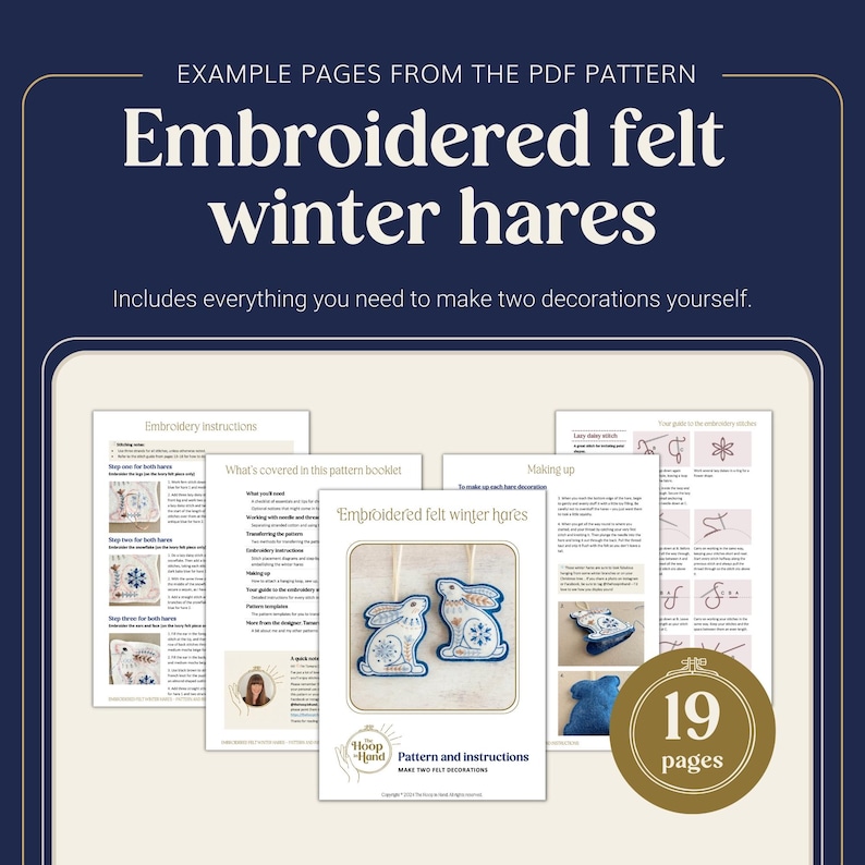 Preview showing example pages from the Embroidered felt winter hares pattern in this listing. The PDF download includes step-by-step instructions, diagrams and photos. The file is 19 pages.