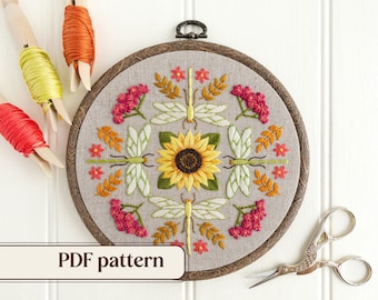 Summer hand embroidery pattern PDF, Floral embroidery pattern, Sunflower and dragonfly design, DIY botanical embroidery, Summer sampler