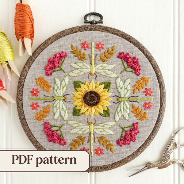 Summer hand embroidery pattern PDF, Floral embroidery pattern, Sunflower and dragonfly design, DIY botanical embroidery, Summer sampler