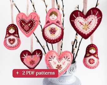 Folk felt hearts and Matryoshka dolls pattern bundle, DIY embroidered ornaments (2 PDF downloads)