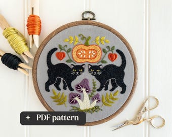 Black cats hand embroidery pattern, Spooky cute design with pumpkin and mushrooms, DIY 6-inch hoop art (PDF Download)
