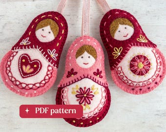 Felt Matryoshka dolls embroidery pattern, Three folk-inspired DIY ornaments (PDF download)
