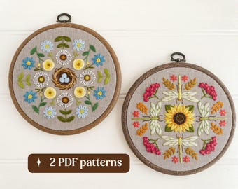 Spring and summer hand embroidery pattern bundle, Botanical wreath samplers, DIY 6-inch hoop art (2 PDF downloads)