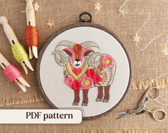 Aries hand embroidery PDF pattern, Folk-inspired embroidery design, Astrology-themed craft project, Printable pattern