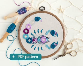 Scorpio hand embroidery pattern, Floral zodiac design, DIY 6-inch hoop art (PDF download)