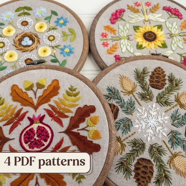 Four seasons embroidery pattern bundle, Seasonal samplers, Botanical hand embroidery, Set of four PDF patterns, Seasonal wreath patterns