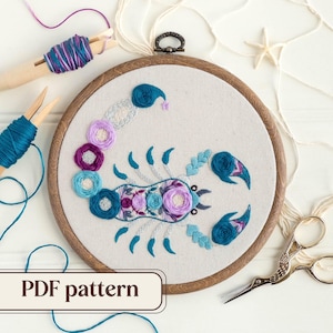 Scorpio hand embroidery pattern, Floral zodiac design by The Hoop in Hand, 6-inch hoop art, DIY birthday gift, Instant download PDF