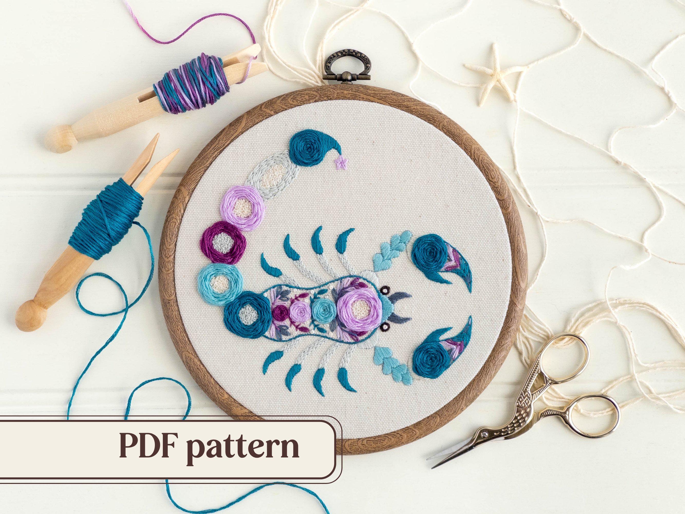 Scorpio hand embroidery pattern, Floral zodiac design by The Hoop in Hand, 6-inch hoop art, DIY birthday gift, Instant download PDF