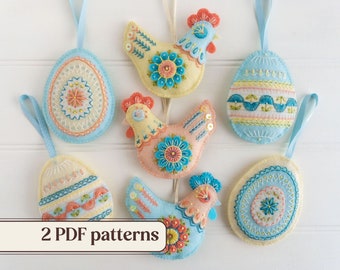 Felt chickens and Easter eggs pattern bundle, DIY Easter décor, Handmade Easter gift, Two embroidery pattern PDFs, Wool felt ornaments set