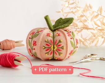 Felt pumpkin embroidery pattern, ‘Peach blossom’ DIY floral ornament or pin cushion (PDF download)