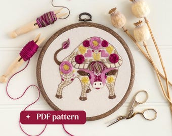 Taurus the bull hand embroidery pattern, Folk-inspired zodiac design, DIY 6-inch hoop art (PDF download)