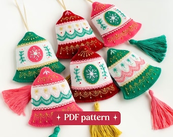 Felt Christmas bells embroidery pattern, Set of six DIY holiday ornaments (PDF download)