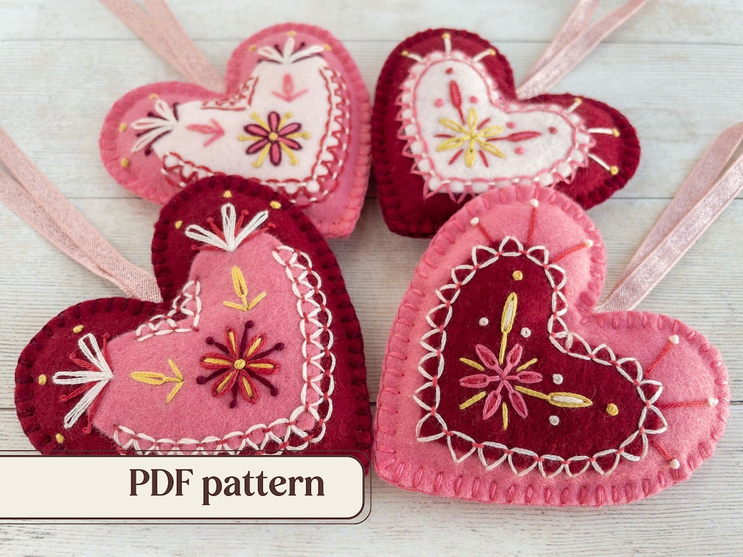 Embroidered Felt Hearts PDF Pattern, DIY Heart Ornaments