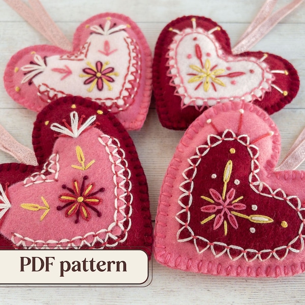 Embroidered felt hearts PDF pattern, DIY heart ornaments, Valentine’s craft, Folk art hearts, Wool felt decoration, Folk-inspired home décor