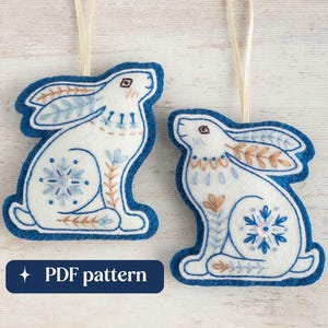 Felt winter hares embroidery pattern, Two folk-inspired DIY hanging ornaments (PDF download)