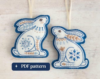 Felt winter hares embroidery pattern, Two folk-inspired DIY hanging ornaments (PDF download)