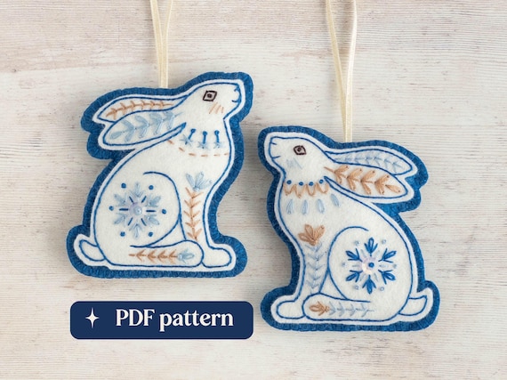 Felt winter hares embroidery pattern, Two folk-inspired DIY hanging ornaments (PDF download)
