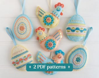 Felt chickens and Easter eggs pattern bundle, DIY embroidered Easter ornaments set (2 PDF downloads)