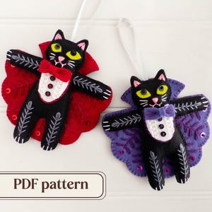 Felt vampire cats embroidery pattern, Halloween felt ornaments, DIY Halloween décor, Handmade gift for cat lover, PDF felt sewing pattern