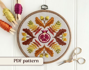 Autumn hand embroidery pattern, Fall sampler PDF pattern, Embroidery design with fall leaves, acorns and pomegranate, Step-by-step tutorial