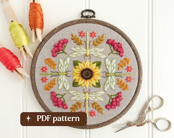 Summer sampler hand embroidery pattern, Seasonal wreath design, DIY 6-inch hoop art (PDF download)