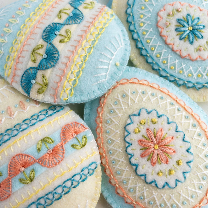 Embroidered felt Easter eggs, PDF pattern, Easter egg ornaments set, Easter craft, Hand embroidered wool felt decorations, DIY Easter gift image 3